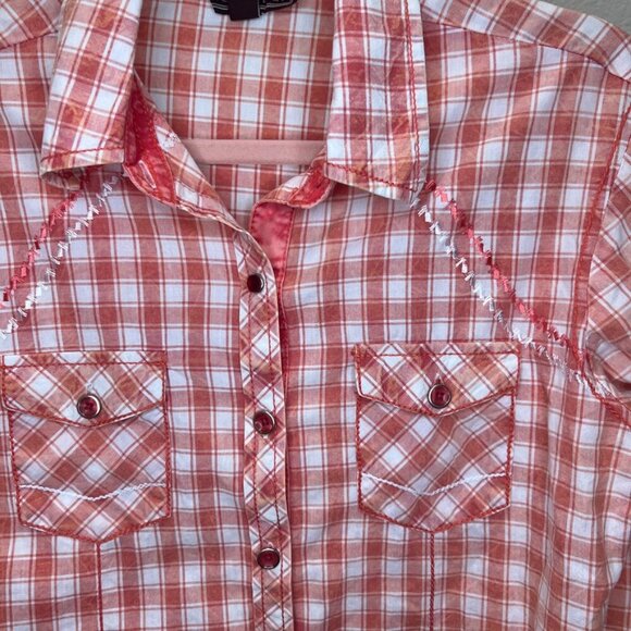 Cowgirl Up Distressed Bleached Plaid Snap Down Shirt Salmon size Small - Picture 3 of 7
